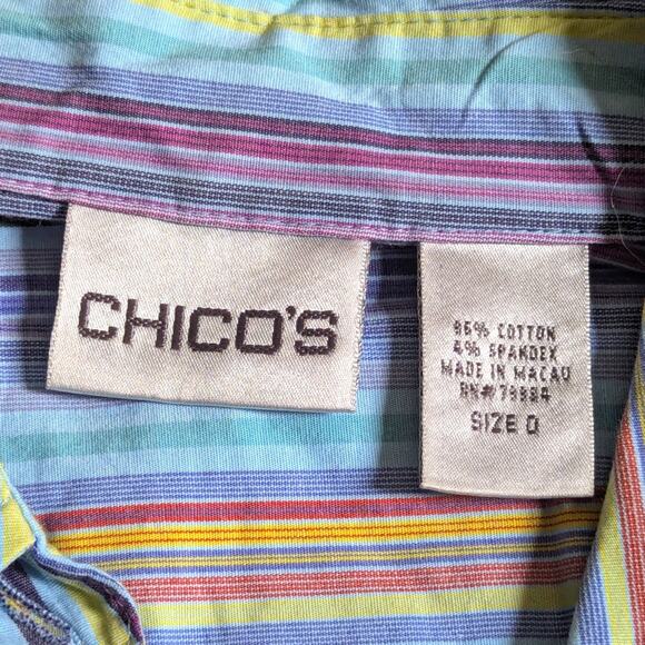 Chico's Blue Rainbow Stripe Mother Of Pearl Buttons Classic Button Down Blouse - Picture 5 of 5